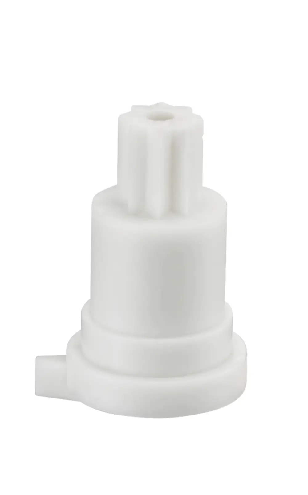 Weißer Adapter von Oventrop für Stellmotoren mit einer runden Basis und einem hohen zylindrischen Teil, ausgestattet mit mehreren Rillen und einem seitlichen Anschluss.